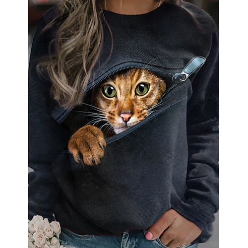 

Women's Plus Size Tops Pullover Sweatshirt Cat Print Long Sleeve Round Neck Casual Daily Vacation Polyester Fall Winter Black