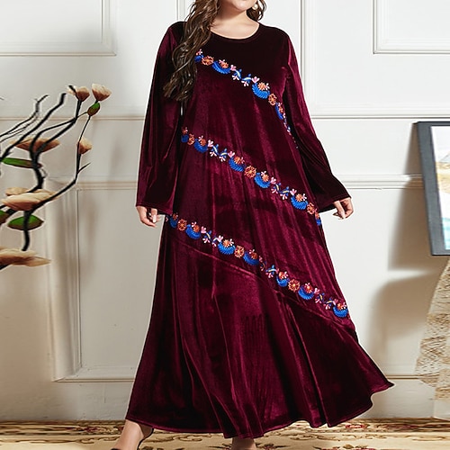 

Women's Plus Size Velvet Dress Floral Crew Neck Long Sleeve Winter Fall Stylish Elegant Maxi long Dress Formal Vacation Dress