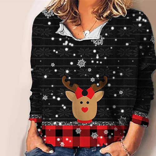 

Women's Plus Size Christmas Tops Blouse Shirt Animal Plaid Print Long Sleeve V Neck Casual Festival Daily Polyester Winter Fall Black