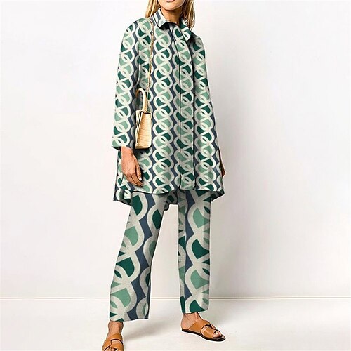 

Women's Plus Size Loungewear Sets Nighty 2 Pieces Geometic Fashion Comfort Soft Home Street Airport Satin Breathable Lapel Long Sleeve Shirt Pant Fall Spring Green Blue / Silk