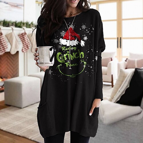 

Women's T shirt Tee Gray Black Graphic Text Pocket Print Long Sleeve Christmas Weekend Basic Round Neck Long Painting S