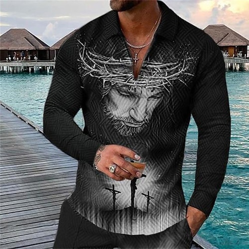 

Men's Golf Shirt Portrait Cross Turndown Black 3D Print Outdoor Long Sleeve Zipper Print Clothing Apparel Vintage Designer Casual Breathable