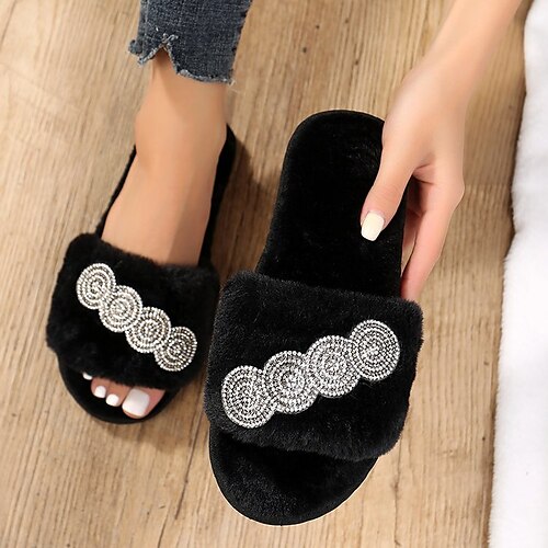 

Women's Slippers Daily Fuzzy Slippers Fluffy Slippers Plus Size House Slippers Winter Sequin Flat Heel Open Toe Casual Faux Fur Loafer Solid Colored Black Rosy Pink Beige