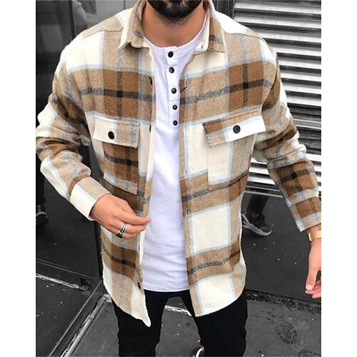 

Men's Coat With Pockets Daily Wear Vacation Going out Single Breasted Turndown Streetwear Casual Daily Outdoor Jacket Outerwear Plaid Print Khaki