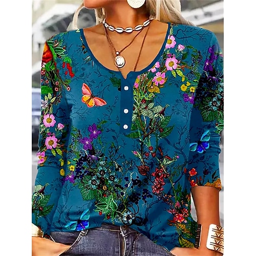 

Women's T shirt Tee Blue Floral Long Sleeve Home Casual Basic U Neck Regular S