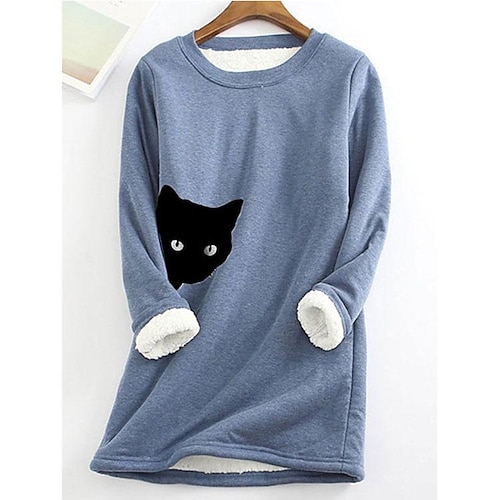 

Women's Shirt Fleece Shirts Pocket cat grey Pocket cat yellow Pocket cat powder Cat Print Long Sleeve Casual Basic Round Neck Regular 3D Cat Fleece lined S