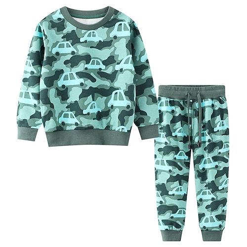 

2 Dele Børn Drenge Sweatshirt & Bukser Tøjsæt Outfit Tegneserie Bil Langærmet Bomuld Sæt udendørs Mode Sej Vinter Efterår 3-7 år Grøn