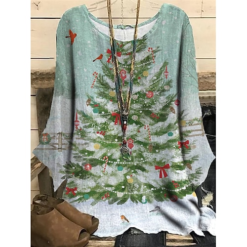 

Women's Plus Size Christmas Tops Blouse Shirt Tree Tree Print Long Sleeve Crewneck Casual Daily Polyester Winter Fall Green Light Grey