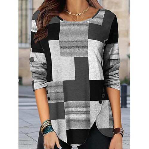 

Women's T shirt Tee Color Block Geometric Modern Round Neck Standard Spring, Fall, Winter, Summer Kakhi Green Blue Red Grey