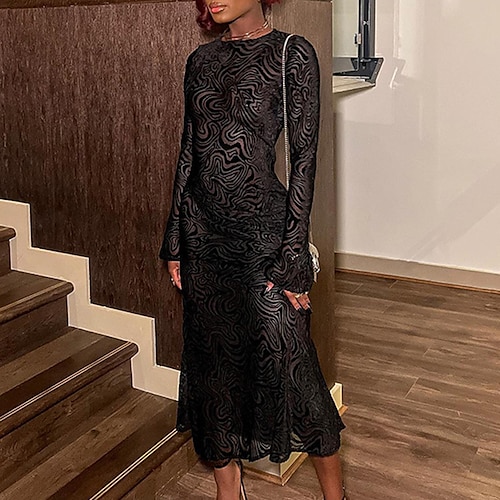 

Women's Black Dress Midi Dress Black Long Sleeve Pure Color Patchwork Winter Fall Autumn Crew Neck Modern Winter Dress Weekend Fall Dress 2022 S M L