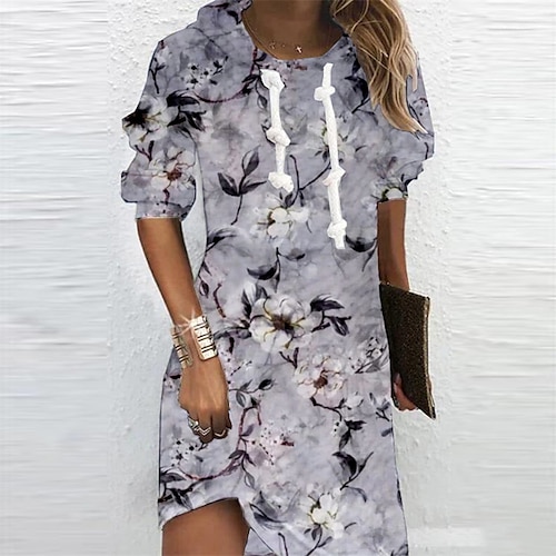 

Women's Hoodie Dress Winter Dress Mini Dress Blue Long Sleeve Floral Print Winter Fall Hooded Vacation Casual Fall Dress 2022 S M L XL XXL 3XL