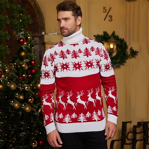 

Men's Ugly Christmas Sweater Pullover Sweater Jumper Ribbed Knit Cropped Knitted Christmas Tree Turtleneck Keep Warm Modern Contemporary Christmas Daily Wear Clothing Apparel Spring & Fall Red