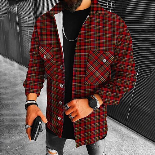 

Men's Coat Warm Sports & Outdoor Single Breasted Plaid Graphic Prints 3D Printed Graphic Turndown Streetwear Jacket Outerwear Long Sleeve Pocket Fall & Winter