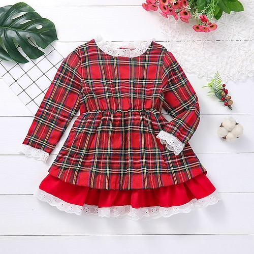 

Kids Girls' Christmas Dress Plaid A Line Dress Above Knee Dress Outdoor Cotton Long Sleeve Cute Dress 3-7 Years Winter Red