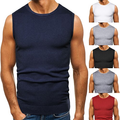 

Men's Sweater Vest Pullover Sweater Jumper Ribbed Knit Cropped Knitted Solid Color Crew Neck Keep Warm Modern Contemporary Work Daily Wear Clothing Apparel Winter Spring & Fall Black Purple S M L