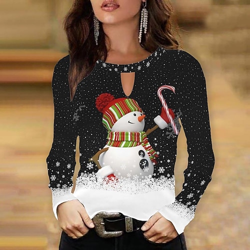 

Women's Shirt 20109-red 20023-purple 20093-light green Snowman Snowflake Print Long Sleeve Christmas Casual Streetwear Round Neck Regular S