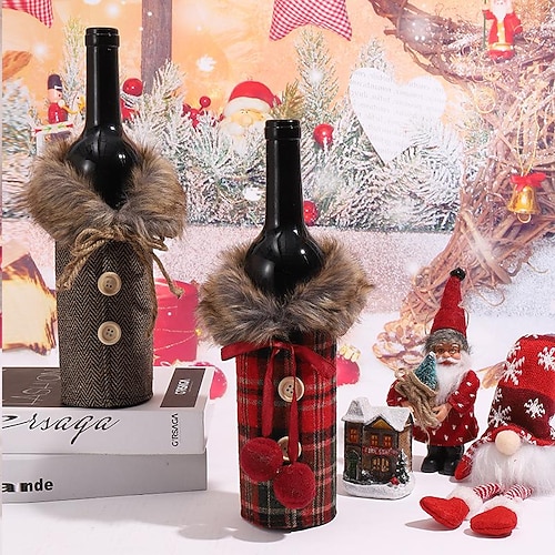 

Christmas Red Wine Set Decoration Table Wine Bottle Decoration Striped Plaid Skirt Wine Bottle Set Red Wine Set Decoration