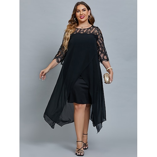 

donna taglie forti vestito da partito curva tinta unita girocollo manica a 3/4 autunno primavera elegante vestito da promenade vestito midi vestito da festa formale / maglia