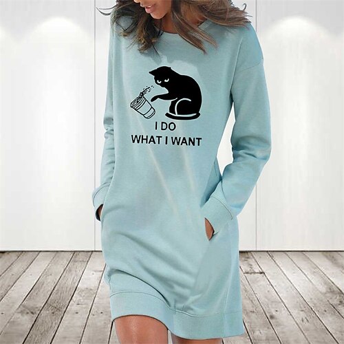 

robe à capuche pour femme robe d'hiver bleu clair gris blanc manches longues chat lettre poche imprimé hiver automne col rond élégant décontracté automne robe coupe ample 2022 s m l xl 2xl / coton