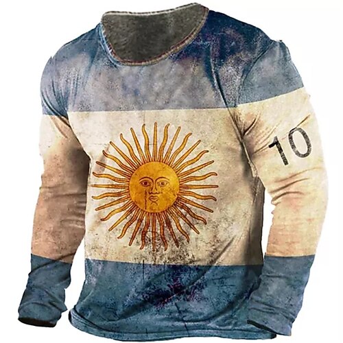 

Men's T shirt Tee Color Block Sun Graphic Prints Crew Neck Blue 3D Print World Cup Outdoor Street Long Sleeve Print Clothing Apparel Basic Sports Designer Casual