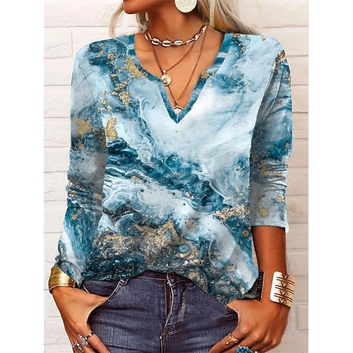 

Women's T shirt Tee Blue Color Gradient Patchwork Print Long Sleeve Casual Daily Basic V Neck Regular S