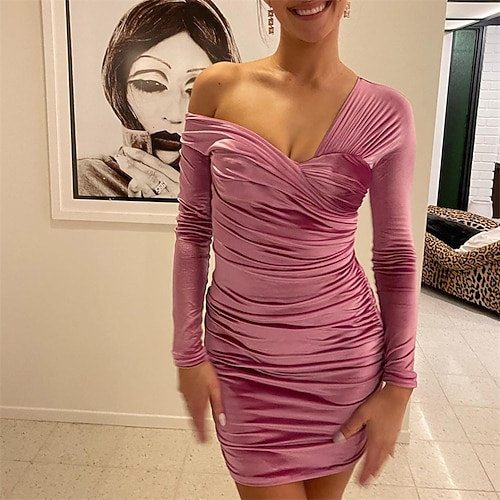 

Women's Velvet Dress Sheath Dress Pink Long Sleeve Pure Color Ruched Winter Fall Autumn One Shoulder Party Winter Dress Fall Dress Slim 2022 XS S M L