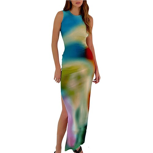 

Women's Long Dress Maxi Dress Green Royal Blue Navy Blue Sleeveless Tie Dye Patchwork Summer Crew Neck Modern 2022 S M L XL