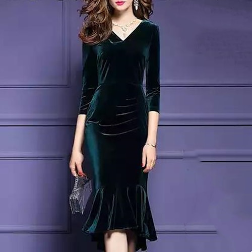 

damen cocktail party kleid hochzeitsgast kleid samt kleid grün midi kleid blau lila dunkelgrün rot schwarz langarm pure color gerüscht rüsche winter herbst v-ausschnitt herbst kleid 2023 m l xl 2xl