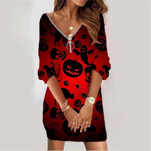 

Women's Sweatshirt Dress Shift Dress Short Mini Dress Red Black Long Sleeve Pumpkin Ghost Bat Zipper Print Fall Winter V Neck Vacation Casual Halloween 2022 S M L XL XXL 3XL