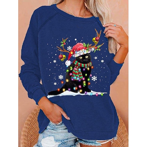 

Women's Sweatshirt Pullover Basic Green Black Blue Cat Snowflake Christmas Round Neck Long Sleeve S M L XL 2XL 3XL