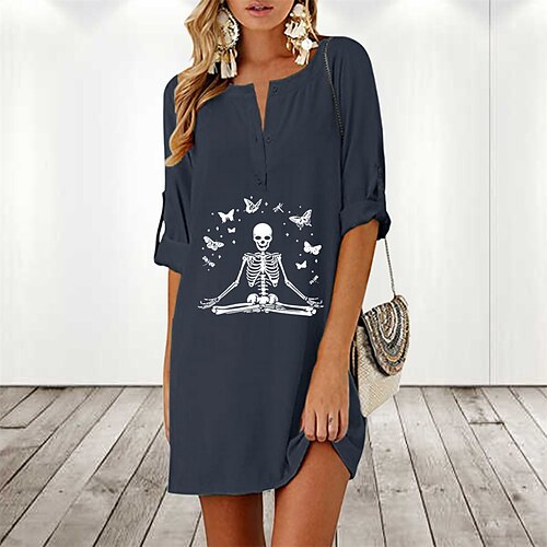 

Women's Casual Dress Linen Dress Shift Dress Mini Dress Black Navy Blue Grey 3/4 Length Sleeve Skull Print Winter Fall Autumn Crew Neck Loose Fit 2022 S M L XL 2XL