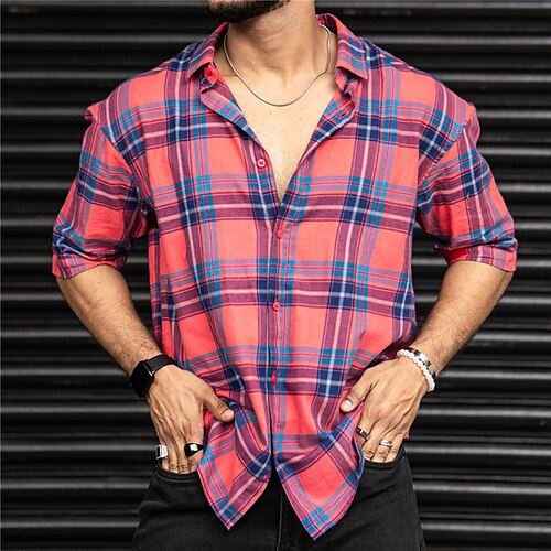 

Men's Shirt Plaid Turndown Fuchsia 3D Print Outdoor Street Short Sleeves Button-Down Print Clothing Apparel Fashion Designer Casual Breathable / Summer