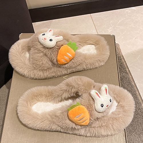 

Women's Slippers Home Fuzzy Slippers Fluffy Slippers House Slippers Winter Flat Heel Open Toe Polyester Loafer Black Khaki Beige