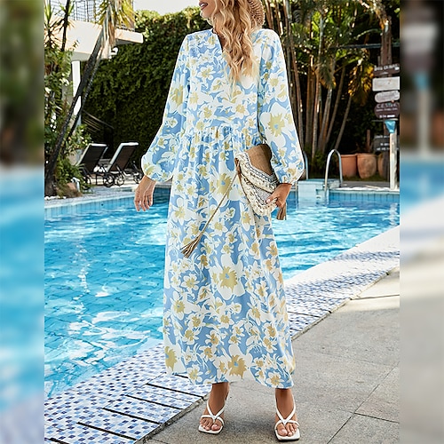 

Women's A Line Dress Maxi long Dress Light Blue Long Sleeve Floral Ruched Spring Fall V Neck Vintage Casual 2022 S M L XL