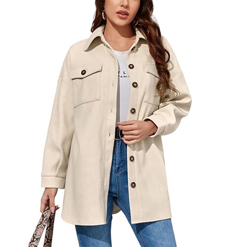 

Women's Winter Coat Warm Breathable Outdoor Daily Wear Vacation Going out Pocket Single Breasted Turndown Active Comfortable Street Style Shacket Solid Color Regular Fit Outerwear Long Sleeve Winter
