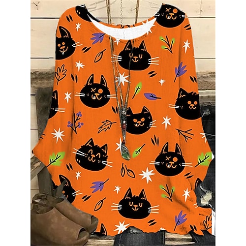 

Women's Plus Size Tops Blouse Shirt Plaid Cat Print Long Sleeve Crewneck Casual Halloween Halloween Daily Polyester Fall Winter Yellow khaki