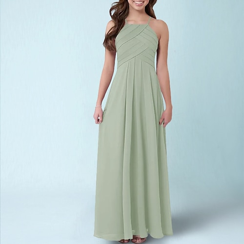 

A-Line Ankle Length Halter Neck Chiffon Junior Bridesmaid Dresses&Gowns With Ruching Wedding Party Dresses 4-16 Year