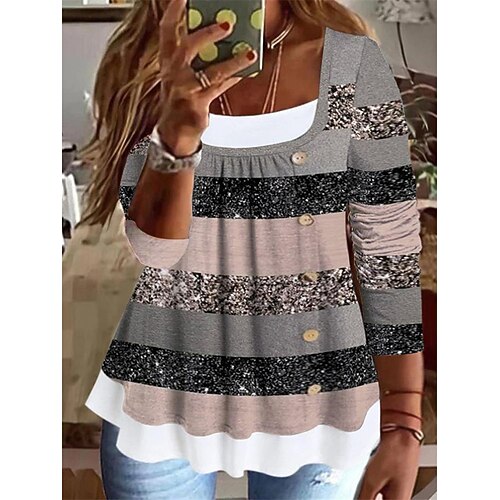 

Women's Plus Size Tops T shirt Tee Floral Striped Fake two piece Print Long Sleeve Casual Daily Going out Cotton Spandex Jersey Winter Fall Blue Pink