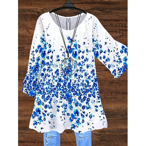 

Women's Plus Size Tops Blouse Shirt Floral Print 3/4 Length Sleeve Crewneck Casual Daily Holiday Cotton Spandex Jersey Fall Winter Blue