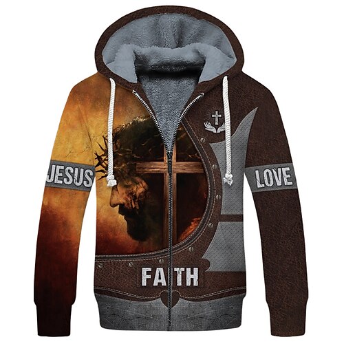 

Men's Fleece Jacket Full Zip Hoodie Fleece Hoodie Sherpa Jacket Brown Hooded Graphic Prints Cross Human Zipper Print Sports Outdoor Daily Sports 3D Print Fleece Streetwear Designer Casual Winter