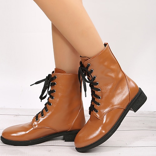 

Damen Stiefel Springerstiefel Täglich Stiefeletten Stiefeletten Winter Schnürsenkel Blockabsatz Runde Zehe Klassisch Wanderschuhe PU Leder Schnürsenkel Einfarbig Dunkelbraun Schwarz Weiß