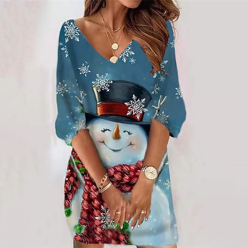 

Women's Christmas Sweatshirt Dress Winter Dress Short Mini Dress Blue Royal Blue 3/4 Length Sleeve Snowman Snowflake Print Fall Winter V Neck Vacation Casual 2022 S M L XL XXL 3XL