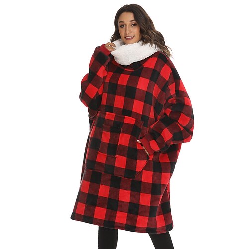

Women's Christmas Pjs Wearable Blanket Hoodie Blanket Sherpa Grid / Plaid Fashion Simple Oversized Daily Carnival Flannel Warm Breathable Pocket Fall Red black / Wearable Blanket / Pjs