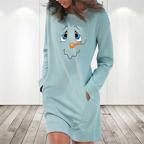 

Women's Christmas Casual Dress Hoodie Dress Light Blue Grey White Long Sleeve Snowman Pocket Print Winter Fall Crew Neck Stylish Casual Fall Dress Loose Fit 2022 S M L XL 2XL / Cotton / Winter Dress