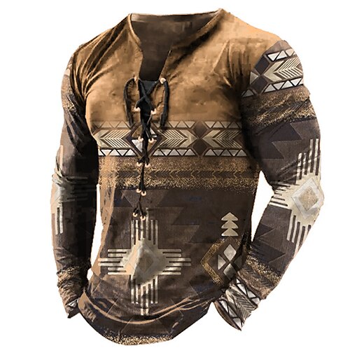 

Men's T shirt Tee Tee Graphic Tribal Collar Brown 3D Print Outdoor Street Long Sleeve Lace up Print Clothing Apparel Basic Boho Designer Casual