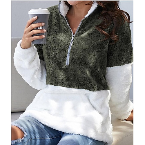 

Women's Sweatshirt Pullover Sherpa Fleece Teddy Zipper Front Pocket ArmyGreen Black khaki Color Block Street V Neck Long Sleeve Fleece S M L XL 2XL