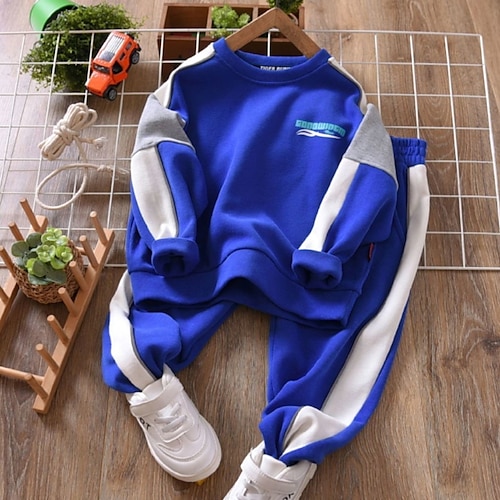 

2 Pieces Kids Boys Hoodie & Pants Clothing Set Outfit Color Block Letter Long Sleeve Cotton Set Vacation Daily Casual Winter Fall 4-13 Years Blue Gray