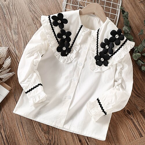 

Kids Girls' Blouse Long Sleeve Solid Color Ruffle White Children Tops Spring Summer Cute Daily School Children' s Day Back to School Loose Fit 7-13 Years