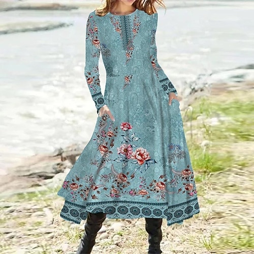 

Robe mi-longue Femme Robe casual manche longue Hiver Automne - Vacances Casual Poche Imprimer Floral robe hiver robe automne 2023 Bleu S M L XL XXL 3XL