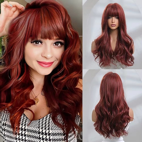 

Long Wavy Body Wave Auburn Red Honey Red Wig Hair for Women Lady Girl Middle Part with Bangs 26 inches Christmas Party Wigs